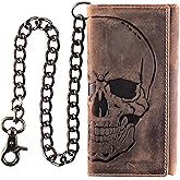 F&L CLASSIC RFID Blocking Mens Tri-fold Long Style Cowhide Leather Steel Chain Wallet,brown distress with skull,212-70