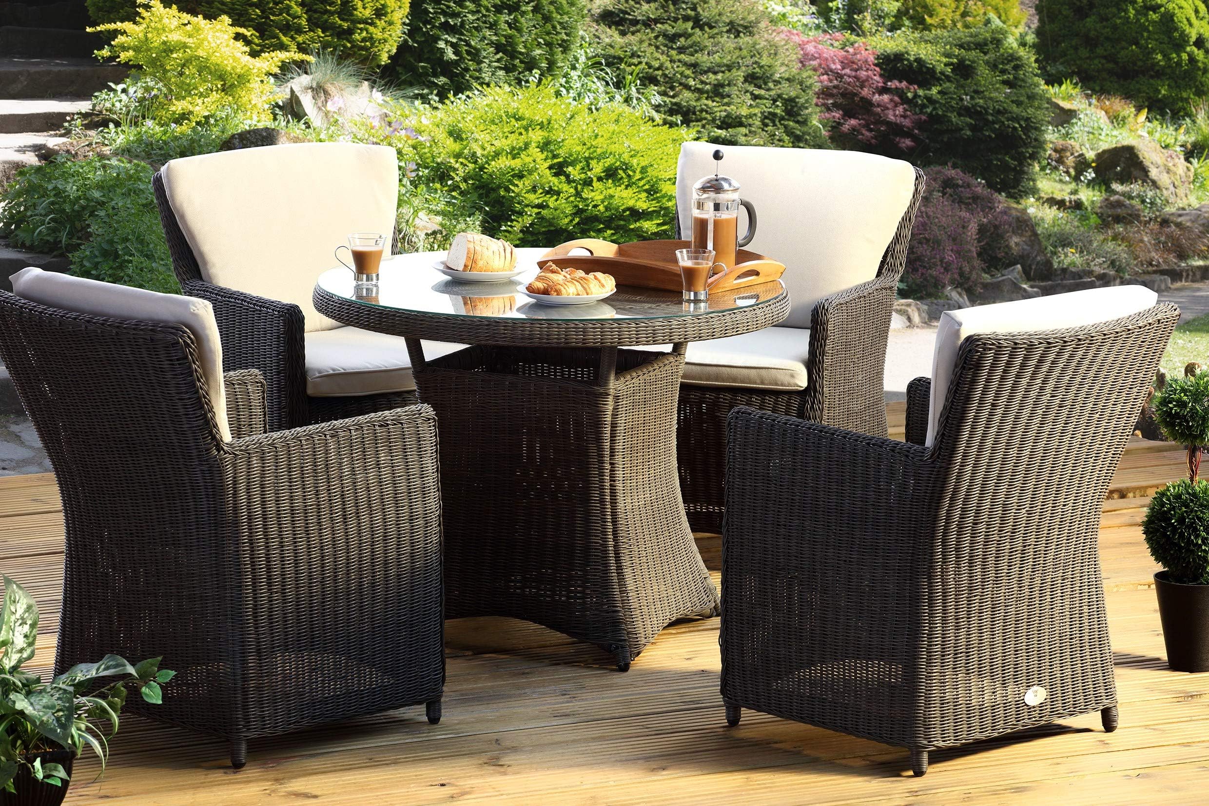 Desser Hilton Brown 4 Seater Rattan Garden Furniture with Round Table Glass Top – Four Seat Outdoor Patio Dining Set Ready Assembled – Malvern Cushions