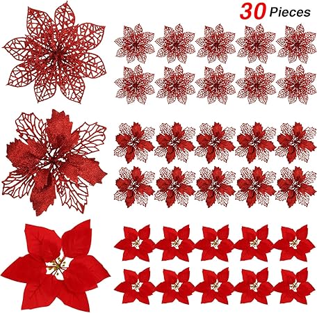 Immagini Di Fiori Natale.Willbond 30 Pezzi Glitter Poinsezia Artificiale Albero Di Natale Ornamento Fiori Di Natale Per Natale Giorno Di San Valentine Festival Primavera Nozze Decorazione Rosso Amazon It Casa E Cucina