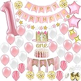 First Birthday Decorations for Girl | 1st Baby Girl Number 1 Balloon, Happy Birthday Banner, “One” Cake Topper, Star Garland, Marble Pink, Gold Confetti, Heart Balloons, Paper Tassels | PartyHooman