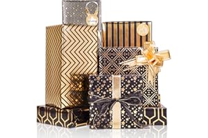 Larcenciel Gift Wrapping Paper Set, 6 Sheets Metallic Black Gold Foil Wrapping Paper w/Gift Bow & Sticker, Shiny Luxury Men B