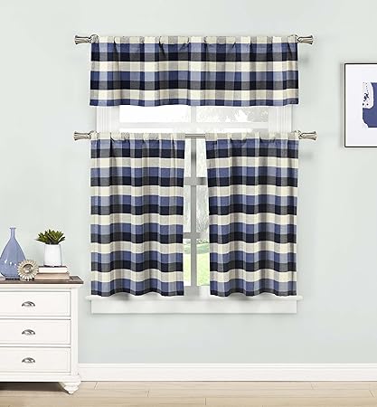 HOME MAISON - Kingsville Checkered Kitchen Window Curtain Tier Valance Set, 2 29 x 36 | 1 58 x 15, Blue