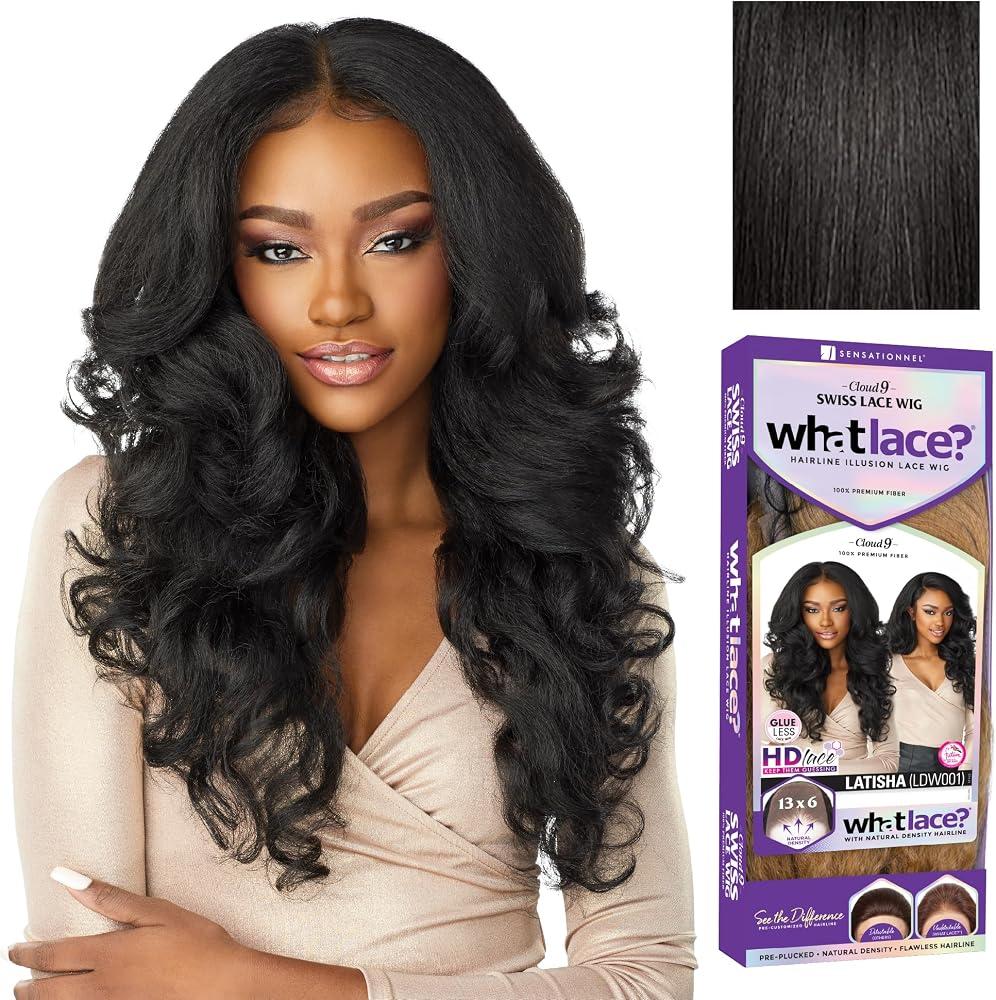 Sensationnel What Lace 13x6 Wig-Latisha, 1B OFFBLACK | Lace Front, Hand-Tied, Synthetic, Natural Density Pre-Plucked Hairline