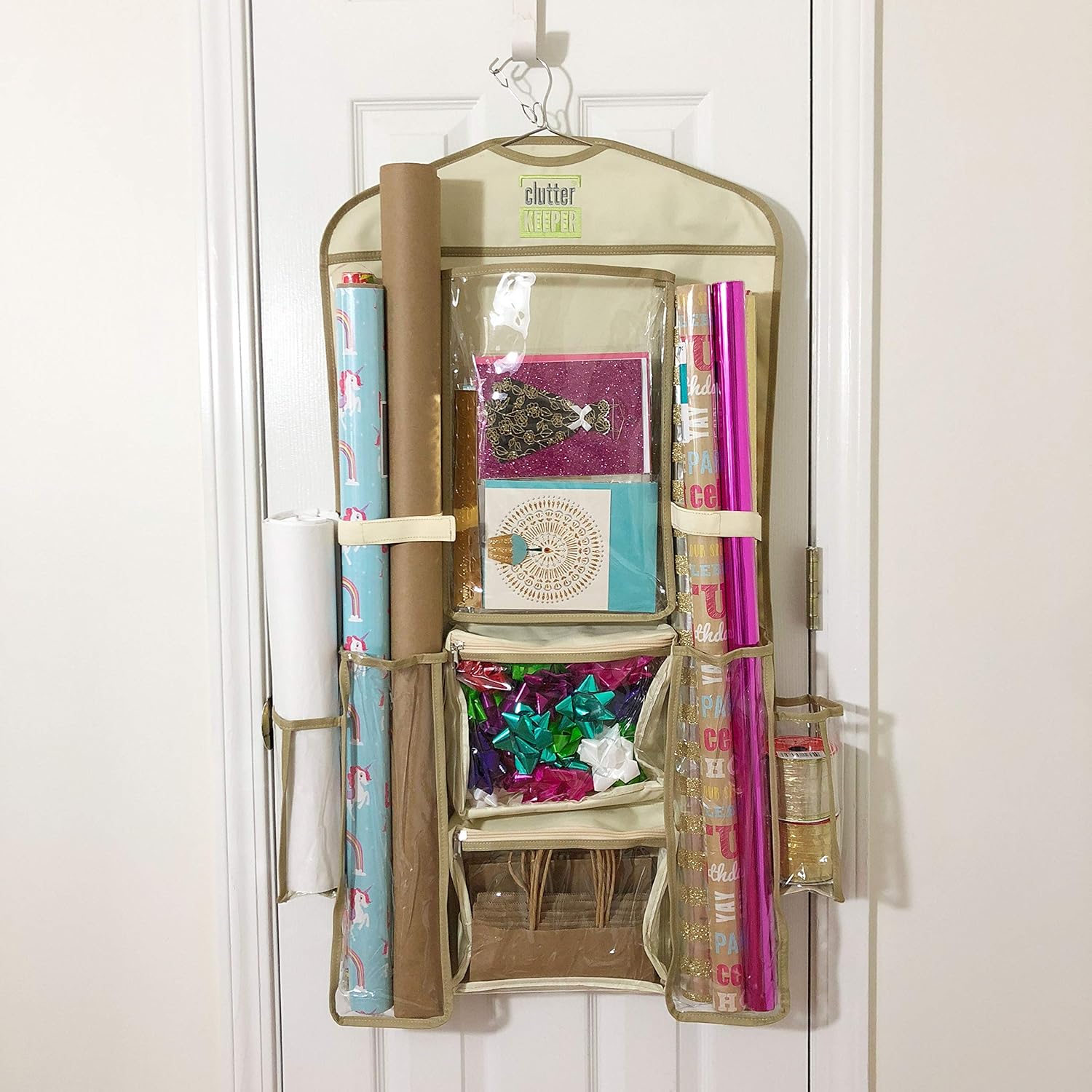 Clutter Keeper Deluxe Double Sided Hanging Gift Wrap Organizer with Multiple Pockets to Organize Your Christmas Wrap, Gift Bags, Bows, Tape, Scissors and More: Home & Kitchen
