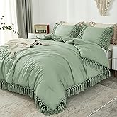 Andency Comforter King Size Set Sage Green, 3 Pieces Boho Tassel Lightweight Vintage Soft Bedding Comforter Sets for King Bed, All Season Fluffy Fringe Bed Set (104x90In Comforter & 2 Pillowcases)
