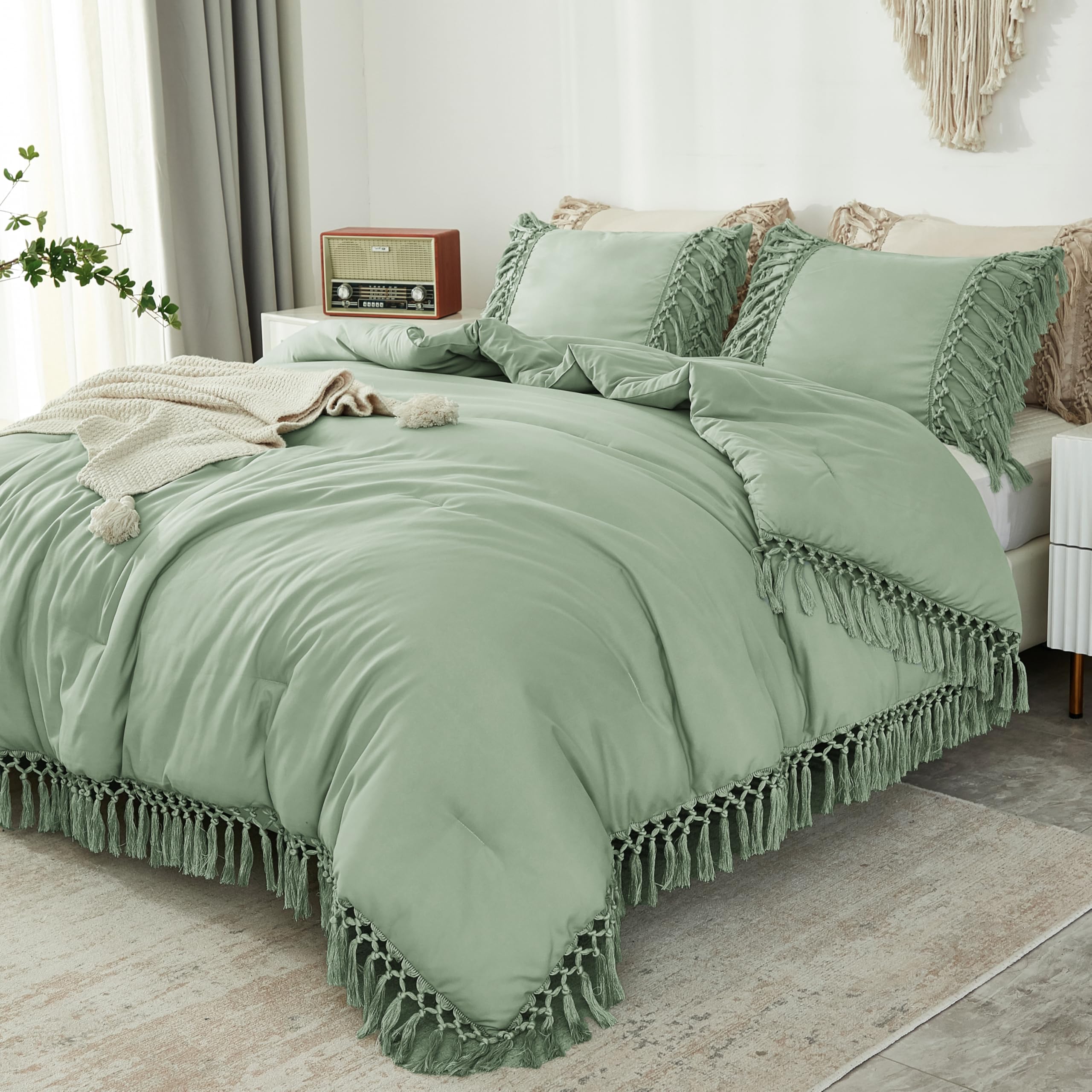 Photo 1 of Andency Sage Green Comforter Set Queen Size, 3 Pieces Boho Tassel Lightweight Vintage Soft Bedding Comforter Sets, All Season Fluffy Fringe Bed Set (90x90In Comforter & 2 Pillowcases)