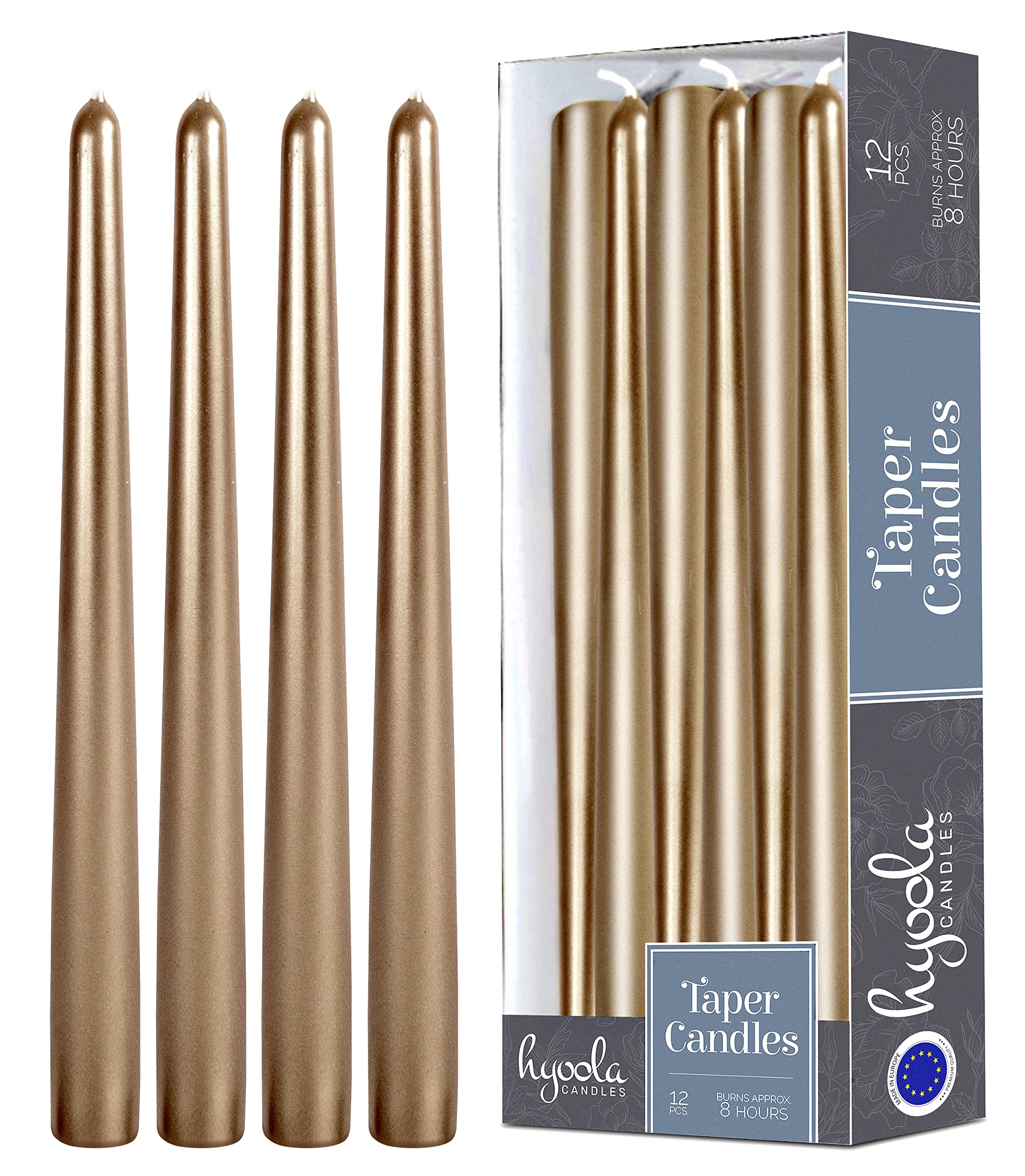 Hyoola Metallic Antique Gold Taper Candles - 250 mm (10 Inch) Unscented Dripless Taper Candles - 8 Hour Burn Time - 12 Pack
