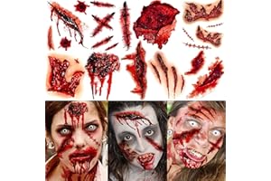 FANRUI 8 Sheets Halloween Fake Scar Tattoos For Women Men Adults Kids, Fake Wound Realistic Blood Injury Cut Scratches Stitches Temporary Tattoos Stickers Chucky Makeup Kit, Scary Face Zombie Makeup Prank Masquerade Accessories