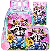 3PCS Girls Bear Bookbag, 16" Kids Raccoon Backpack with Lunch Box, Water Resistant Elementary School Bag for Preschool Toddler