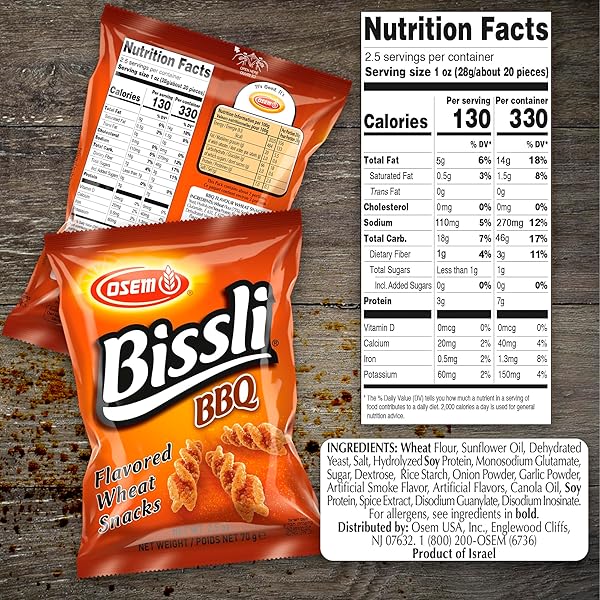 OSEM BISSLI BBQ FLAVORED CRUNCHY WHEAT SNACK -NO FOOD COLORING OR PRESERVATIVES, 2.5 OUNCE BAGS (PACK OF 12)
