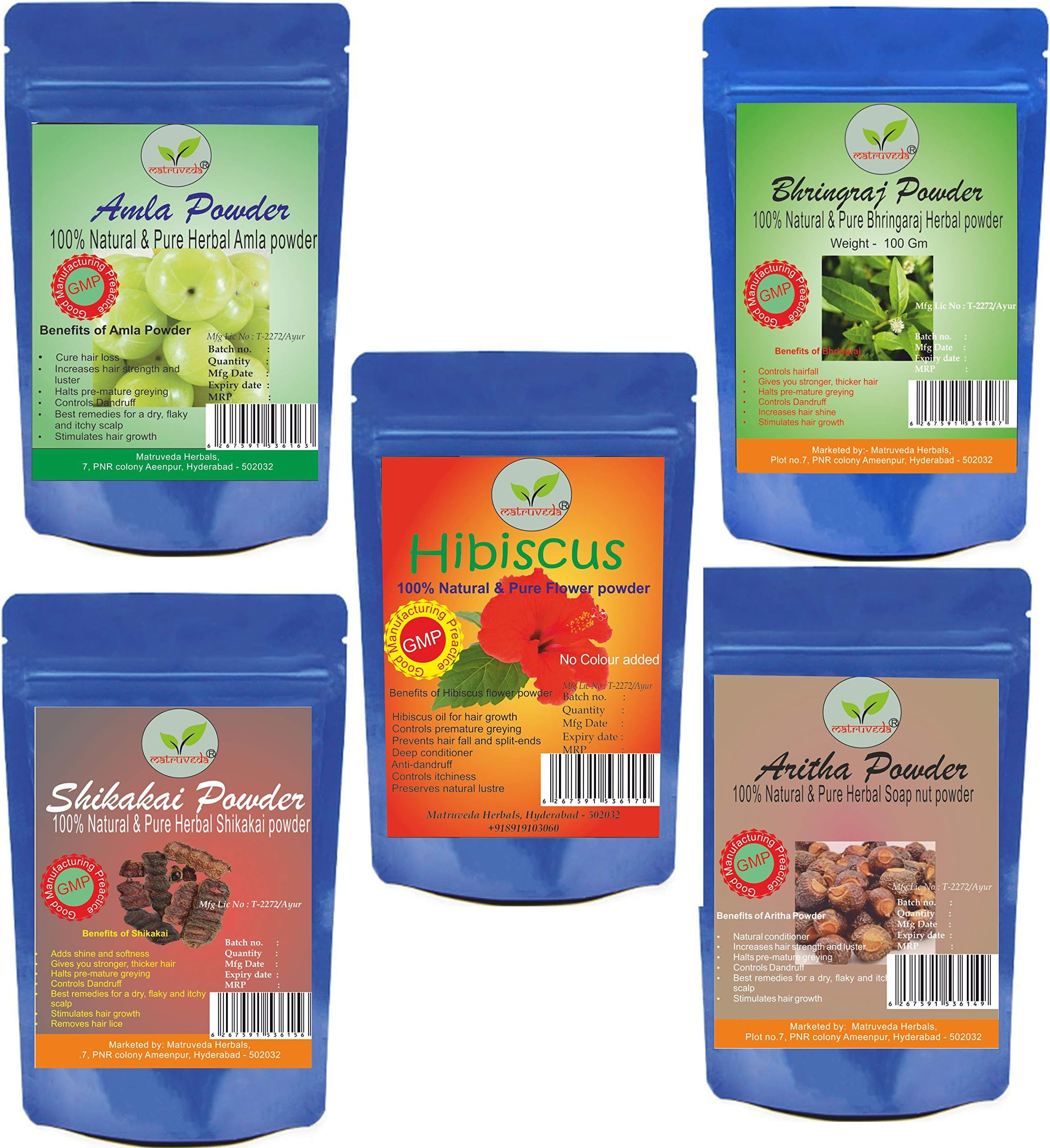 Dyuti:veda 100% natural bhringraj powder, amla powder, aritha powder, shikakai powder and Hibiscus Powder for hair (Pack of 5) Each 100 gm