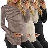 JoyMotion 3 Pack Women's Maternity Shirts, Ribbed Long Sleeve Pregnancy Sweaters Curved Hem Split Side Crew Neck Tunic Tops