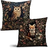 William Morris Inspired Fox & Owl Pillow Cover Set of 2 - Vintage Floral Art Throw Pillowcase - Farmhouse Decor for Couch, Sofa, Bed - Living Room Home Decor Gift (Reddish-brown, 18x18inches)