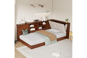 JIVOIT Twin Size Daybed, Wooden L-Shaped Daybed Floor Corner Bed with Storage Bookcase and Upholstered Headboard, Sliding Barn Doors, Hidden Storage, Wood Twin Corner Bed Frame (Walnut/55)