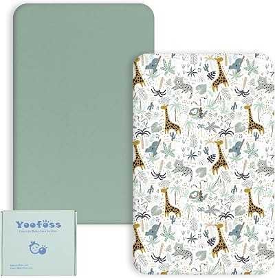 Yoofoss Fitted Cot Bed Sheets 140x70cm 2 Pack Green Giraffes Soft