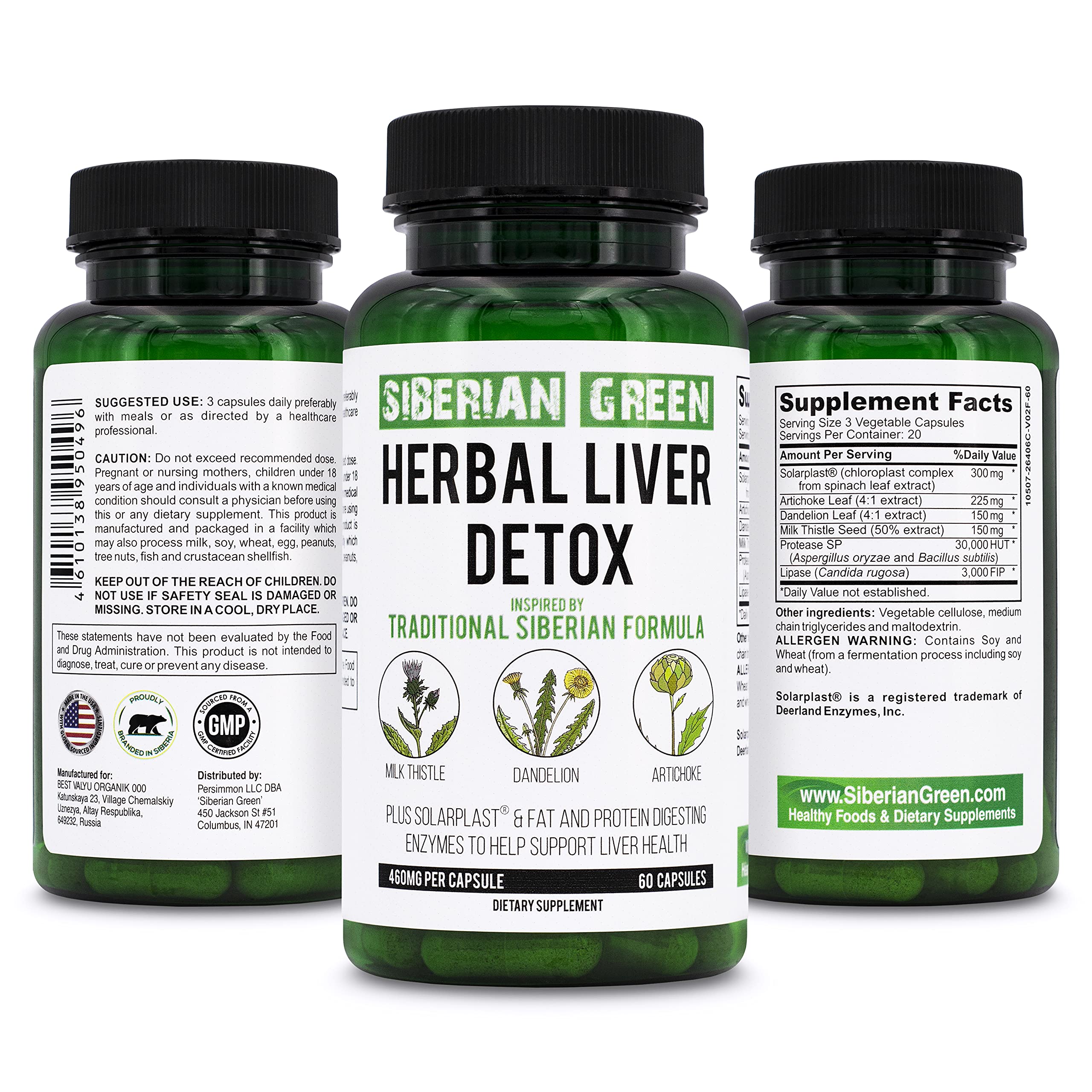 Siberian Green Herbal Liver Detox with Milk Thistle Artichoke Dandelion 60 Capsules – Traditional Siberian Formula Plus Enzymes to Support Liver Health