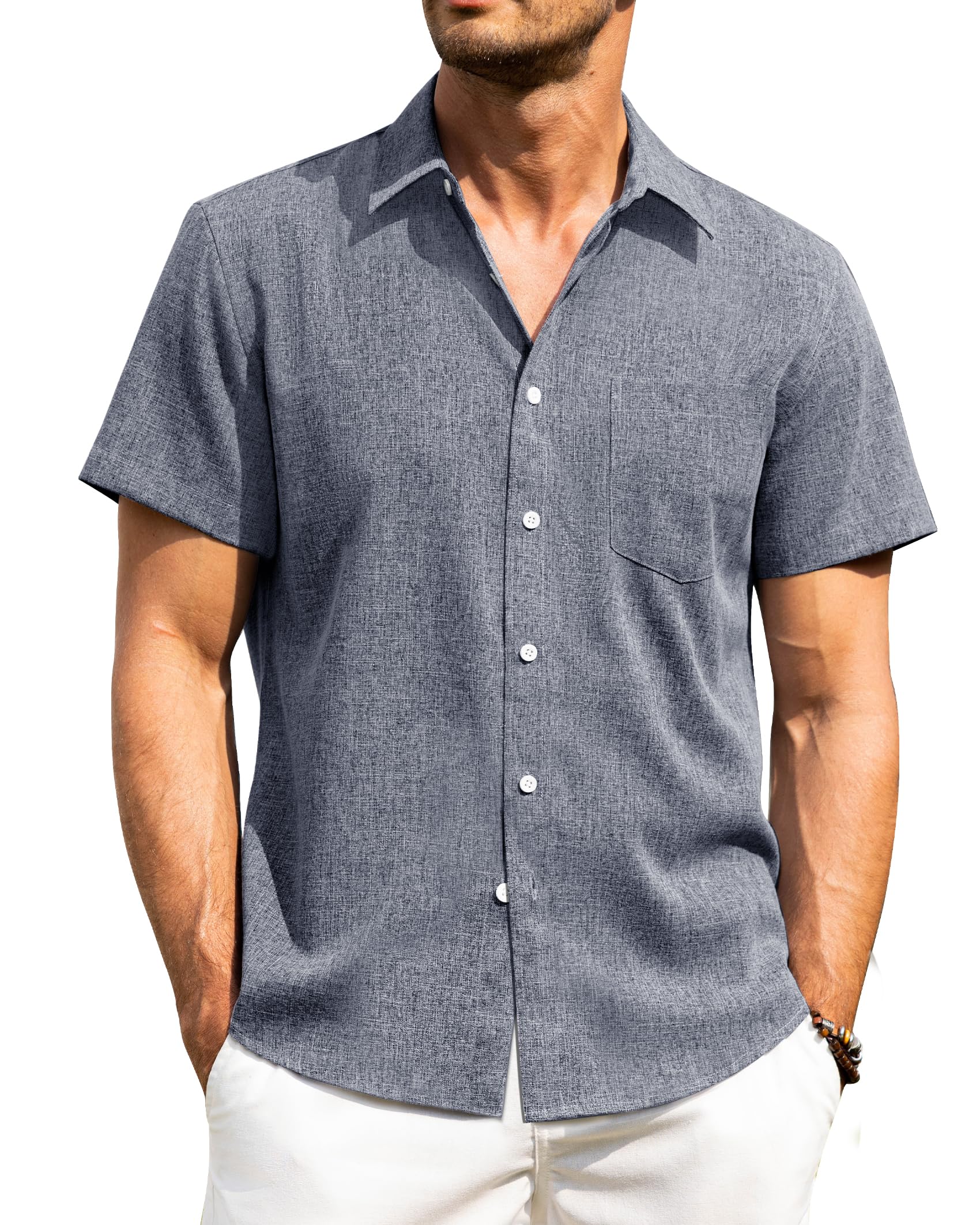 Photo 1 of Alimens & Gentle Mens Linen Shirts Short Sleeve Button Down Shirts Wrinkle Free Casual Vacation Beach Summer Tops,Blue,3XL