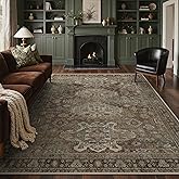 Bavni Washable Rugs 8x10 Area Rug for Living Room Bedroom, Print Vintage Aesthetic Chenille Carpet Rug, Ultra-Thin Low Pile Rugs for Dining Room Home Office with Non Slip Backing, Brown