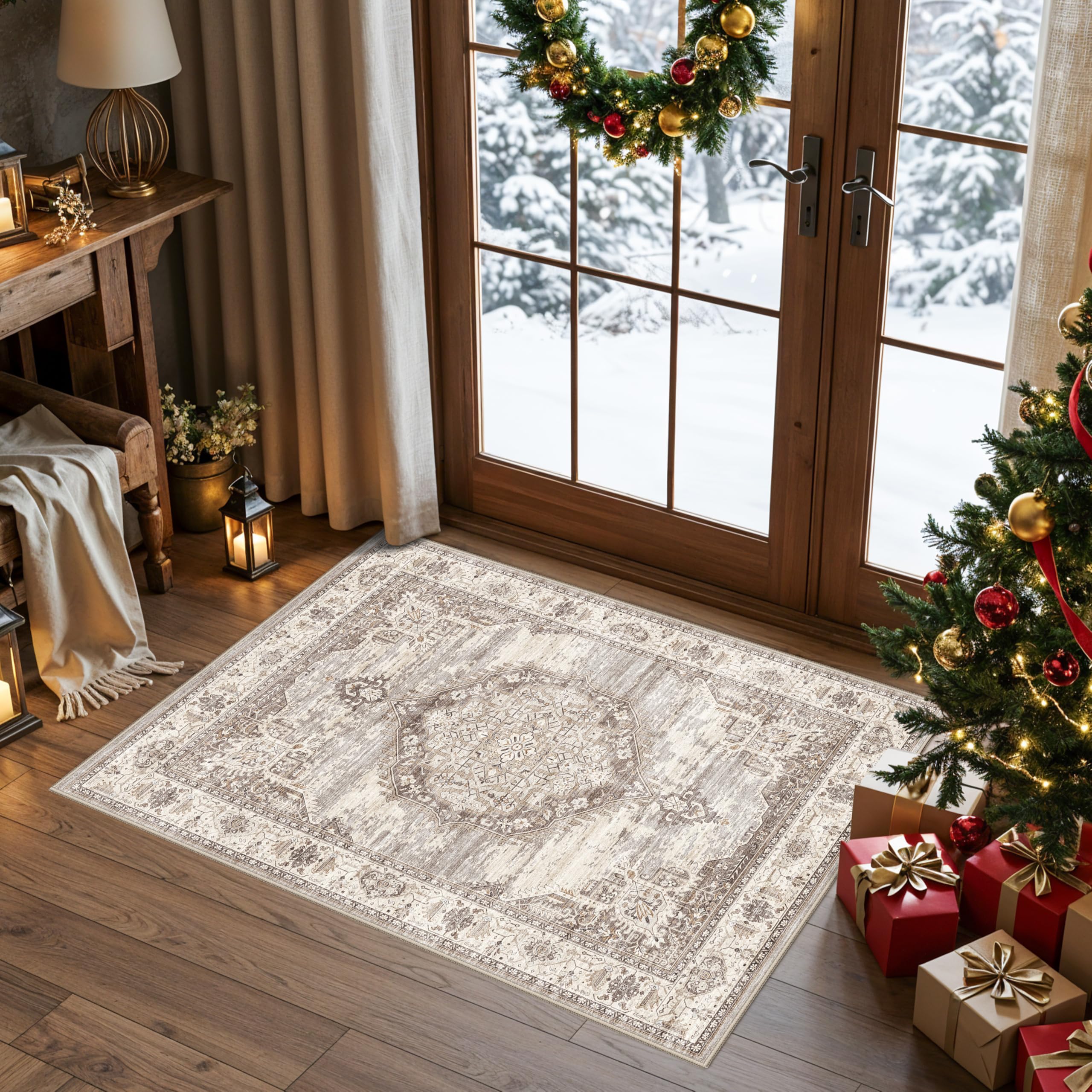 Photo 1 of Washable 2x3 Entrance Area Rugs: Indoor Non-Slip Bathroom Mat Soft Stain Resistant Table Runners for Kitchen Laundry Dining Room Vintage Carpet for Entryway Foyer (Beige,2x3)