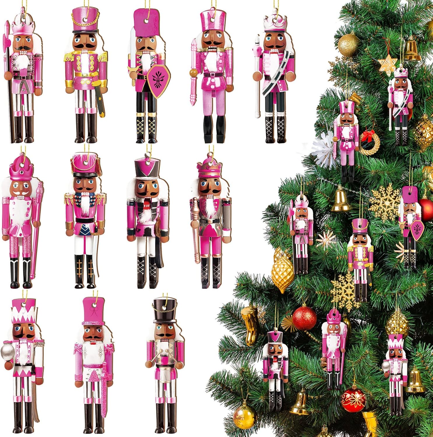 Nutcrackers - 36 Pcs Christmas Nutcrackers Ornaments King and Soldier Nutcracker African American Wood Christmas Tree Hanging Decorations Pink Figures Nutcracker Ornaments for Xmas Tree (Bright Style)