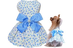 MSNFOASM Floral Print Dog Dress with Satin Bow and Pearl for Small Dogs Girl,Cat Apparel,Blue, XX-Small
