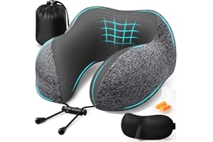 ExploreBliss Travel Pillow, Travel Pillows for Sleeping Airplane, Removable Cover Neck Pillow with Adjustable Clasp, Memory Foam Neck Pillow Set with Eye Mask, Earplugs and Storage Bag (Dark Grey)
