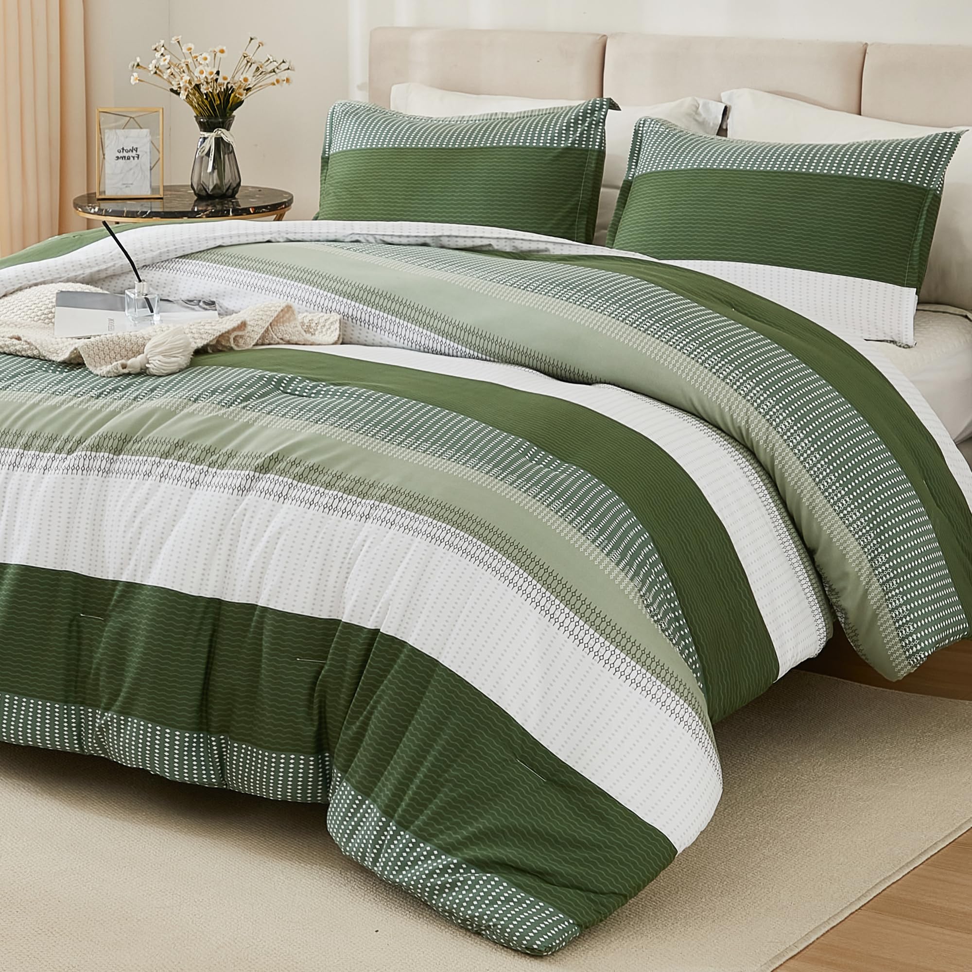 Litanika Olive Green Comforter Set Queen - 3 Pieces Lightweight Olive ...