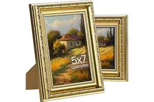 upsimples 5x7 Picture Frame with Real Glass, Ornate Vintage 5 x 7 Photo Frames for Wall Decor or Tabletop Display, Gold, 2 Pack
