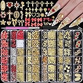 5 Boxes Gold Nail Charms and Gems Kit, 3D Flower Heart Cross Star Bow Charms for Nails Design Red White Flatback Pearls and Rhinestones Mini Metal Caviar Beads with Tweezers for Nail Art DIY Supplies