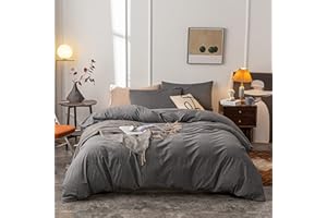 Janlive Washed Cotton Duvet Cover Oueen Ultra Soft 100% Cotton Solid Color Gray Duvet Cover Set with Zipper Closure -3 Pieces Grey Queen