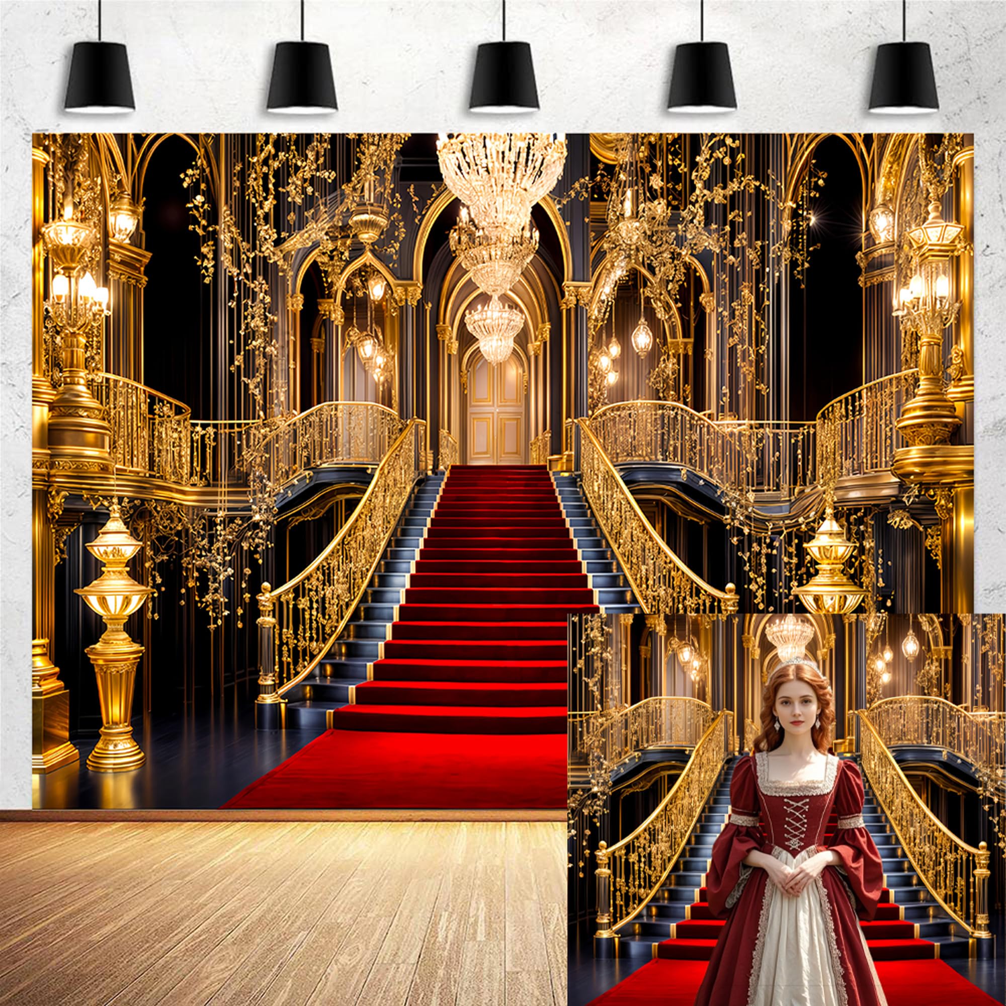 Photo 1 of 10x8ft Luxurious Golden Palace Backdrops Red Carpet Backdrop Gorgeous Princess European Castle Background for Photography Wedding Birthday Ceremony Night Stage Prom Party Video Props