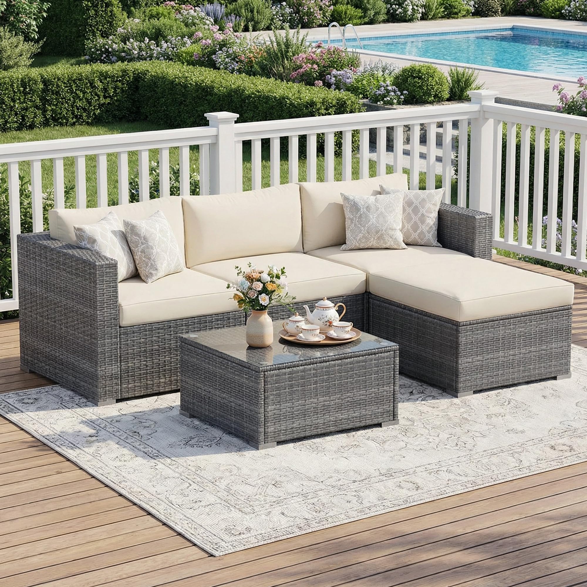 Photo 1 of (missing cushions) Wisteria Lane 5 Piece Outdoor Patio Furniture Set, All Weather Wicker Rattan Sectional Sofa Conversation Set with Cushions & Glass Coffee Table, Ideal for Backyard Porch Garden Balcony, Beige