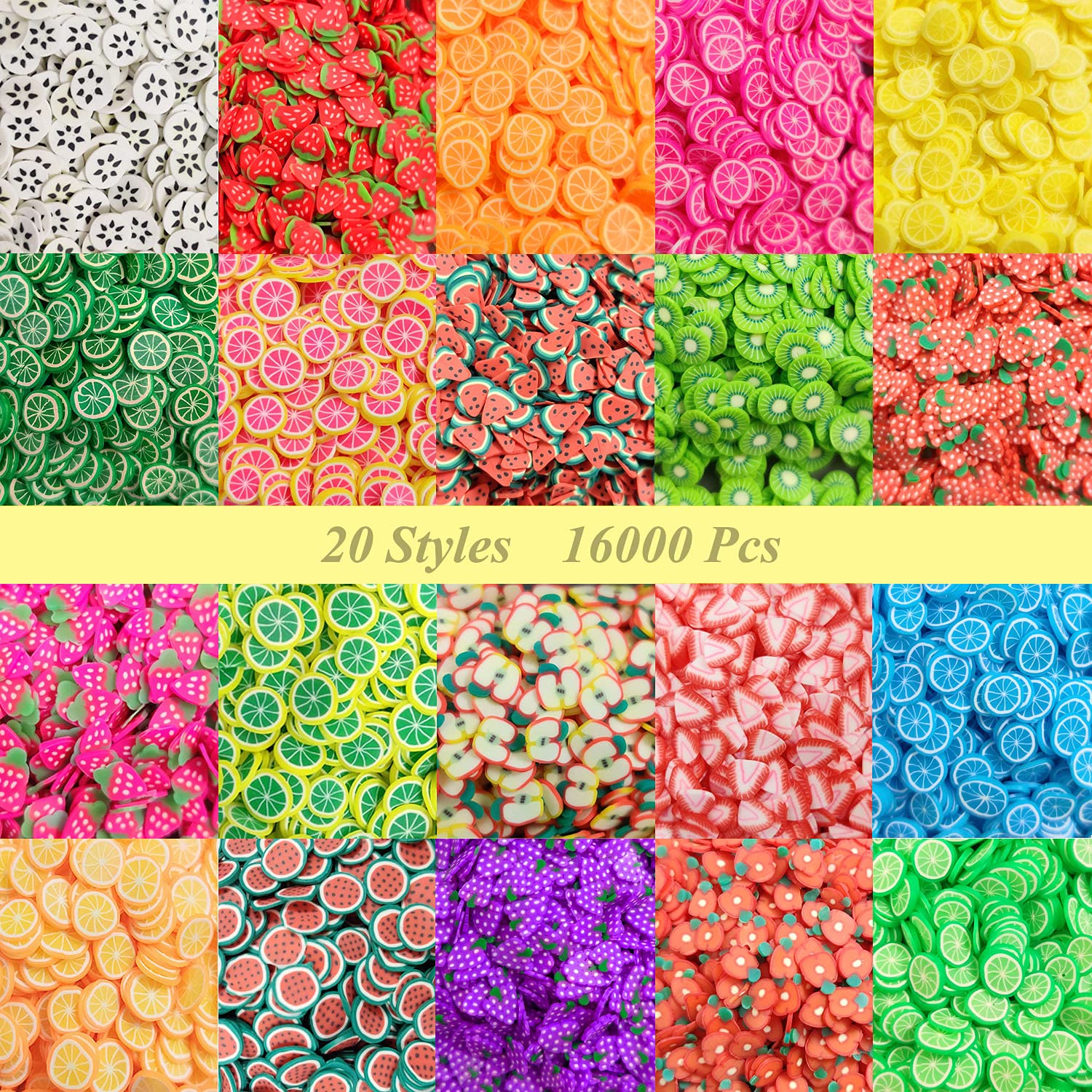 20000 pcs (20 Styles) Fruit Clay Slices Charms, VEINARDYL Nail Art Slices 3D Polymer Clay for DIY Crafts Resin Slime Making Cellphone Decoration — image 1