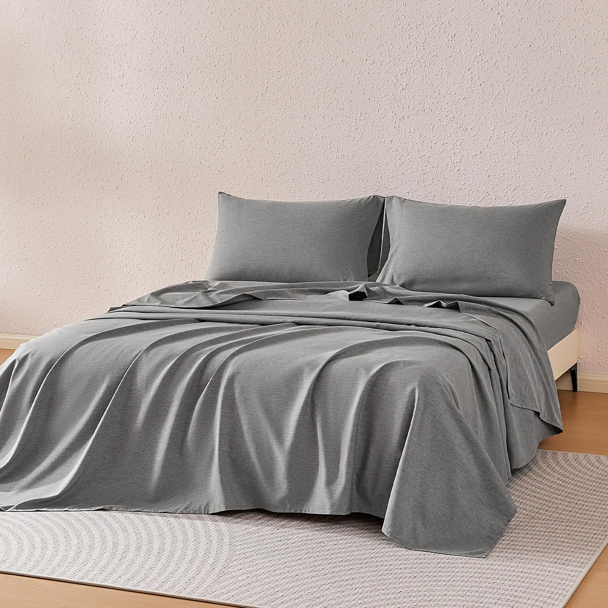 Amazon Basics Sheet Set Cationic Microfiber 4-Piece Bedding Set, Wrinkle Free and Easy Fit, Easy Care Bedding with 1 Deep Pocket Fitted Sheet, 1 Flat Sheet, and 2 Pillowcases, Queen, Gray