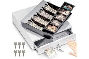 Volcora 13" Manual Push Open Cash Register Drawer for Point of Sale (POS) System, White Heavy Duty Till with 4 Bills and 5 Coin Slots, Key Lock with Fully Removable Money Tray and Double Media Slots