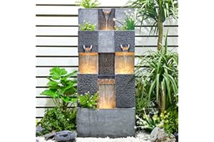Bumilgar 45.3 Inch Garden Water Fountains Outdoor for Garden, Patio, Backyard, Deck, Porch and Home Art Decor, 3 Tiers Modern Cascading Outdoor Waterfall Fountain with Lights