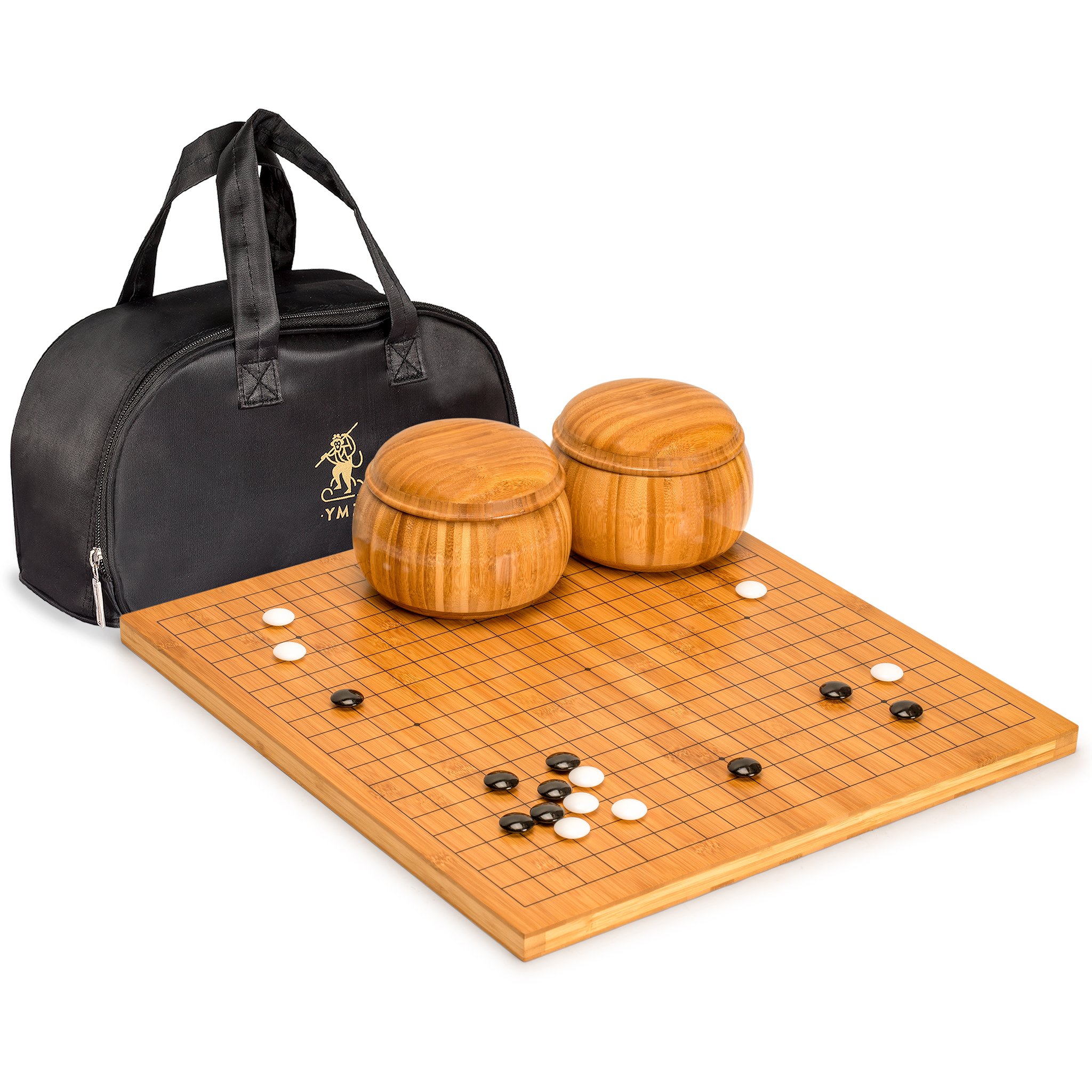 Yellow Mountain Imports Bamboo 2-centimeter Reversible 19x19 / 13x13 Go Game Set Board with Double Convex Melamine Stones and Bamboo Bowls - Classic Strategy Board Game (Baduk/Weiqi)