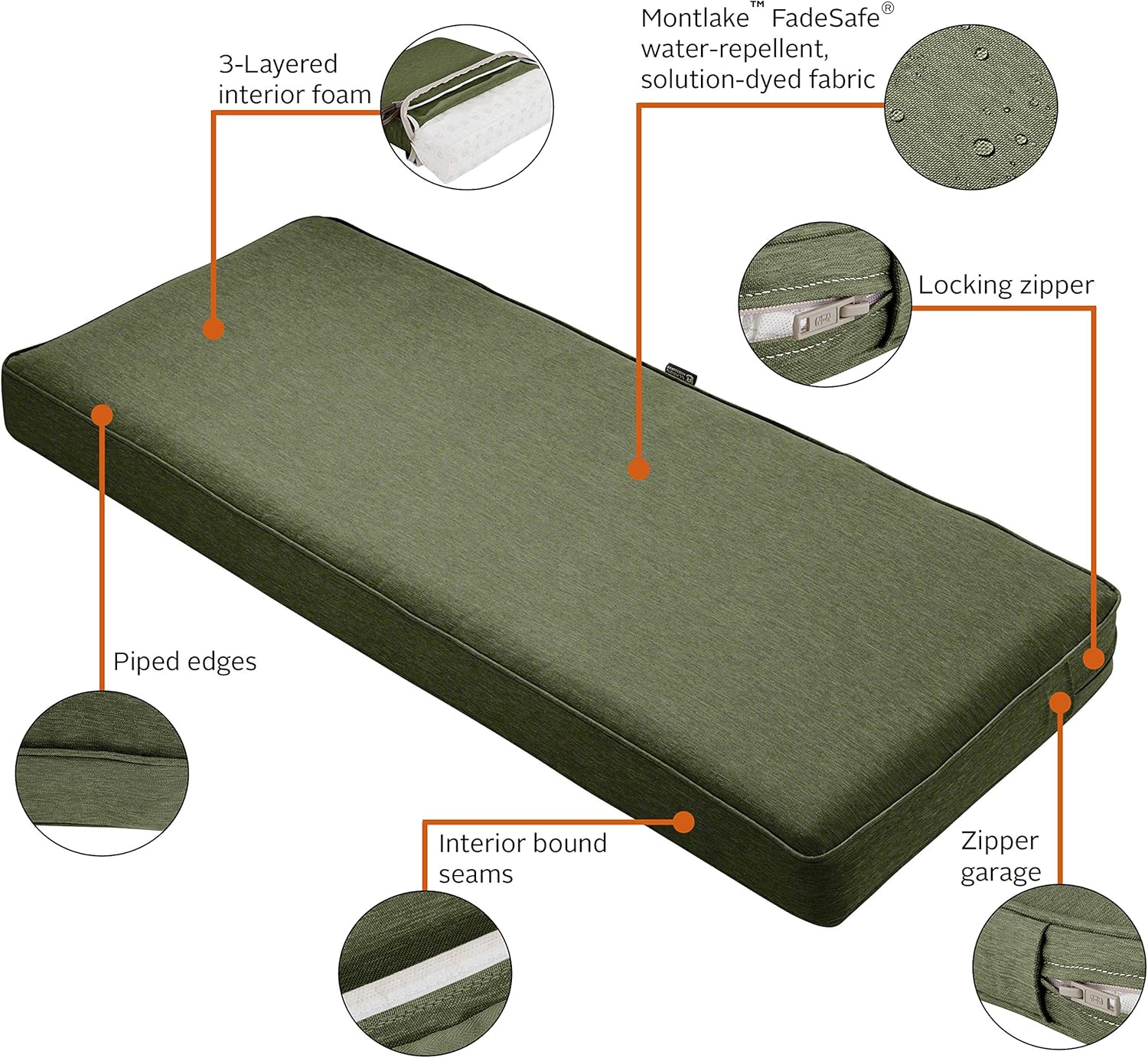 Classic Accessories Montlake Water-Resistant 48 x 18 x 3 Inch Patio Bench/Settee Cushion, Heather Fern Green : Garden & Outdoor