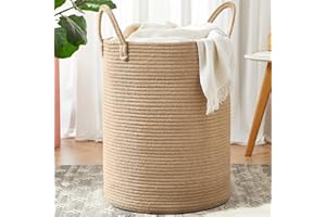 MOJOSCEND 80L Extra Large Jute Woven Hamper Laundry Basket Wicker Rope Clothes Hamper for Baby Nursery Kids Tall Rattan Blanket Basket in Living Room Bedroom