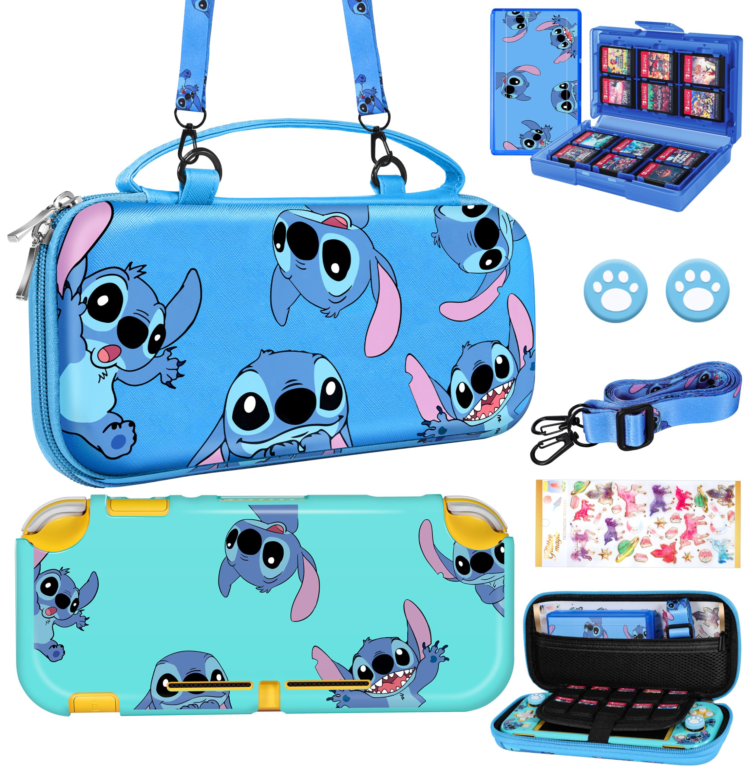 Koecya for Nintendo Switch Lite 7 in 1 Storage Accessories Kit with Travel Carrying Case+Switch Lite Protective Cover+Game Case Holder+Strap+Sticker+2 Thumb Caps Cute Shell for Boys Kids Girls -Stit