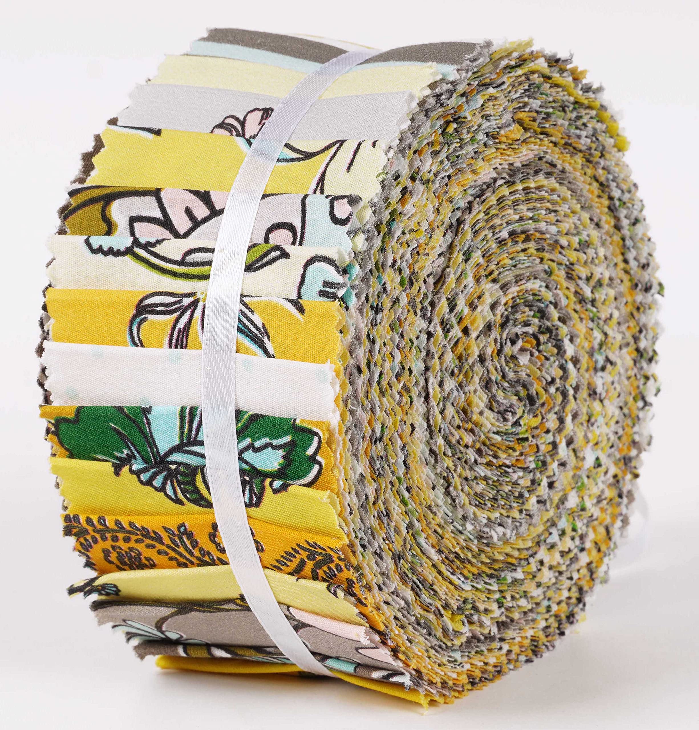 Soimoi 40Pcs Block Print Precut Fabrics Strips Roll Up 1.5x42inches Cotton Jelly Rolls for Quilting - Yellow