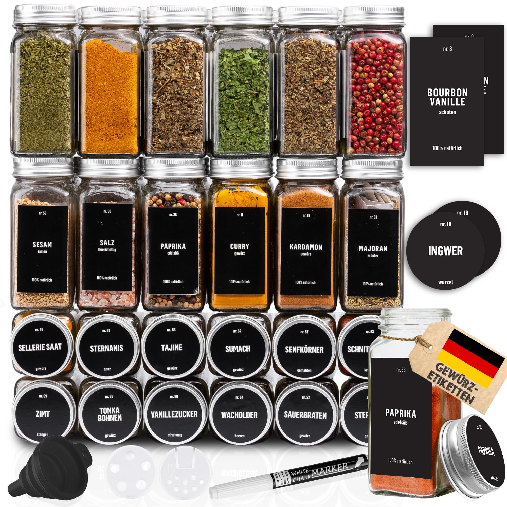 Deco haus® Glass Spice Jar with Screw Lid - Spice Jars Storage Jars - Set of 24 - Various Mixing Lids, Funnel, Brush, Labels and Chalk Marker - 120 ml