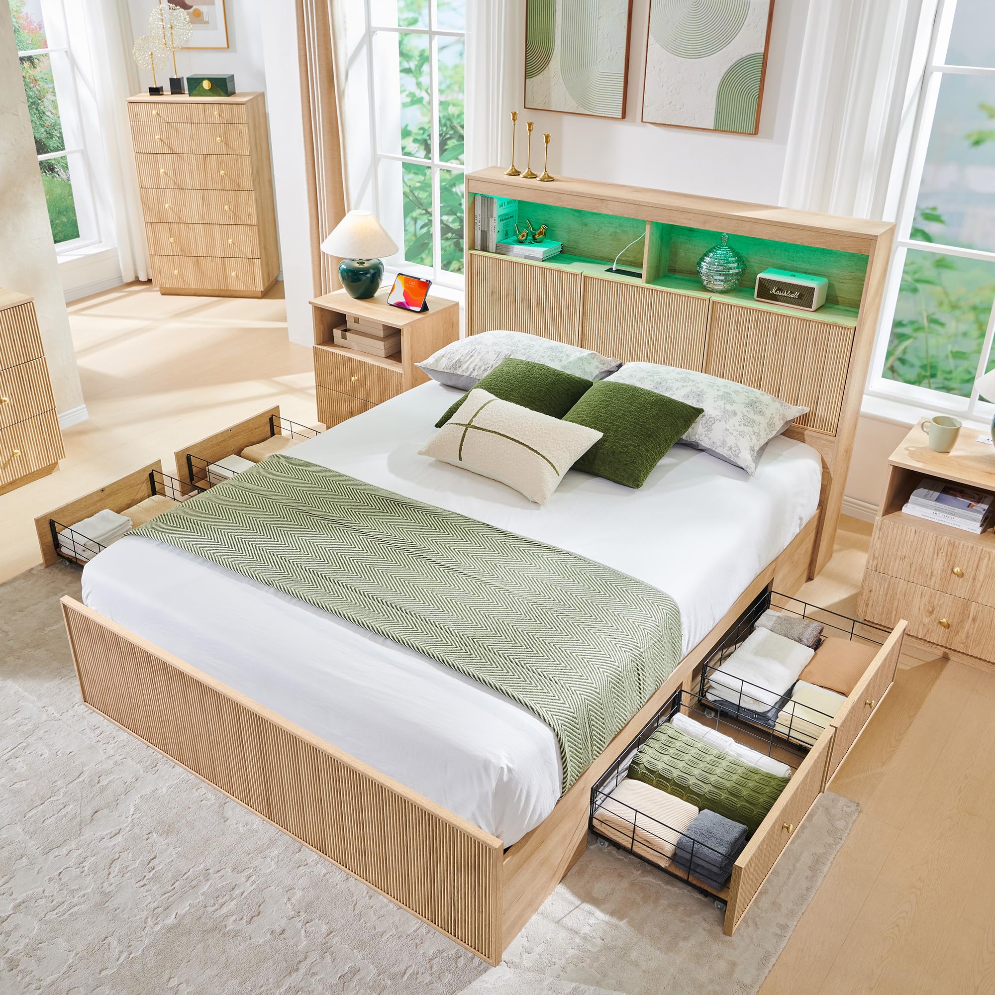 Photo 1 of **************INCOMPLETE ITEM, THIS IS ONLY 1 BOX IN A MULTI BOX SET****************
wow97e Fluted Queen Size Bed Frame with 50" Tall Storage Headboard with 4 Drawers,Wooden Platform Bed Frame with LED Lights/Storage Headboard Charging Station Easy Assemb