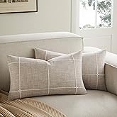 YZJZEDS 2 Packs Grid Embroidery Lumbar Throw Pillow Covers, 12x20 Inch Taupe, Farmhouse Linen Decorative Light Brown Cushion Covers for Sofa Bed Living Room Home Decor