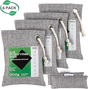 Activated Bamboo Charcoal Air Purifying Bags 6 Pack (200gx4 +75gx2) Charcoal Odor eliminators Absorber Bags Home Car Air Freshener for Car Closet Shoe Home Basement and Pet
