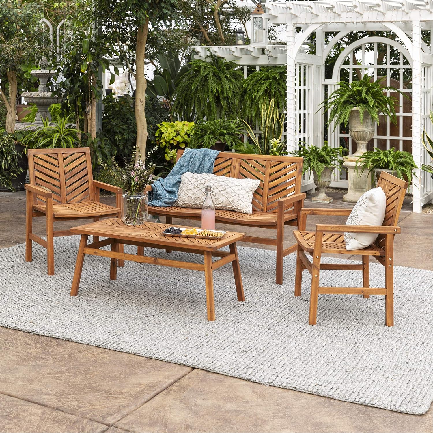Amazon Com Walker Edison Furniture Company Azw4cgvinbr 4 Person Outdoor Wood Chevron Patio Furniture Set Loveseat Chairs Coffee Table All Weather Backyard Conversation Garden Poolside Balcony Brown Garden Outdoor