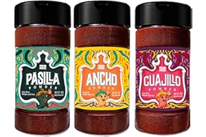 OLE RICO RICO RICO Chile Powder 3 Pack Bundle (12 oz Total) Includes: Guajillo Chili Powder, Ancho Chili Powder Spice, and Pasilla Chili Powder - The Holy Trinity of Chiles - Great Mexican Spices Packaged In Reusable Shakers