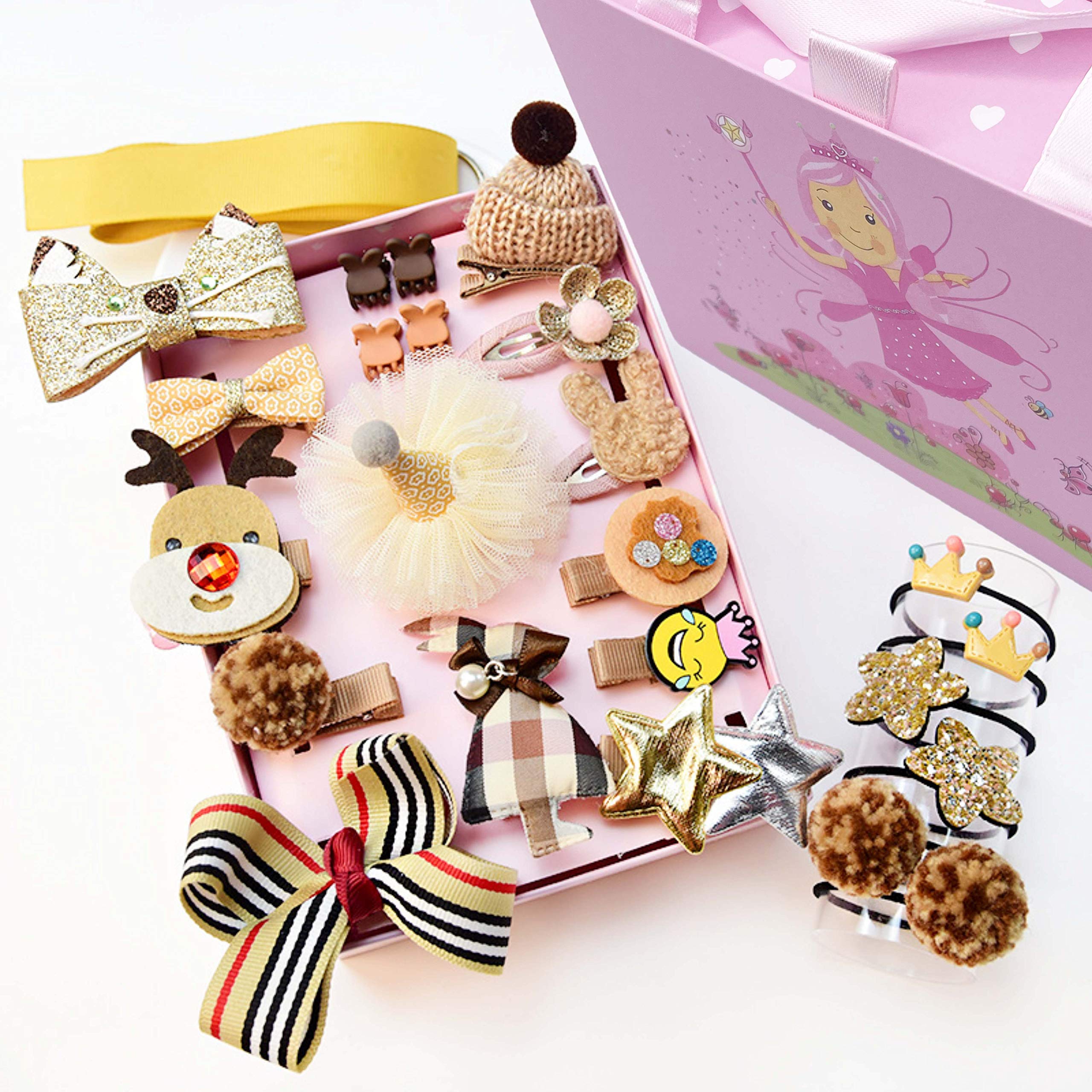 Baby Hair Accessories 24pcs Gift Set for girls gift box various styles Hair Clips Bows Hairpin Ribbon Elastic Hair Ties Ponytail for Little Girls Baby Toddler Kids (Gold)