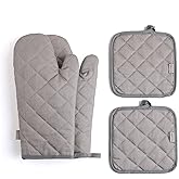 Oven Mitts and Pot Holders 4 pcs Set,High Heat Resistant 500 Degree Extra Thicken Long Kitchen Cotton Oven Glove for Cooking (12 Inch,Grey)