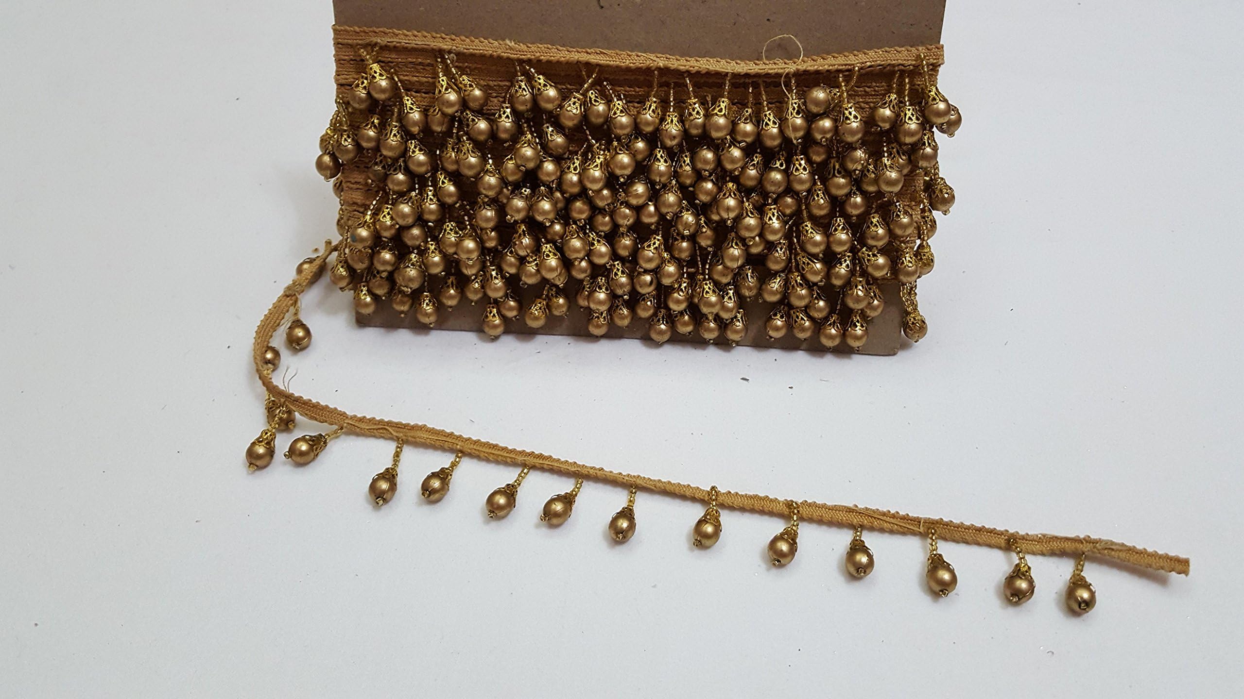 Fancy Pearls tassel Beaded Gold Indian Lace Bridal Trim 4.5 cm wide Ethnic Ribbon Craft Wedding Sari Border